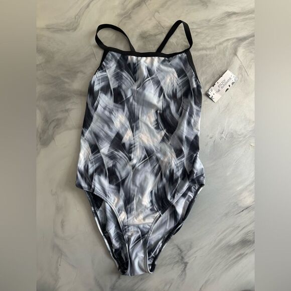 New NWT ENJOY THE SUNSHINE Athletic Racing One Swim Suit Black Gray Print L - Picture 1 of 4